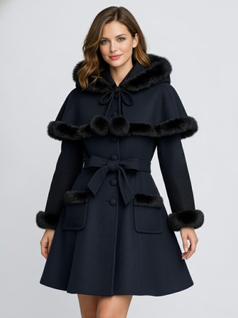 ダークネイビーフェイクファートリム、ベルト付きウール混紡コート（フード付きケープ付き、レディース）2025年モデル
