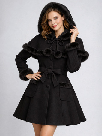 フェイクファートリム、ベルト付きウール混紡コート（フード付きケープ付き、レディース）2025年モデル