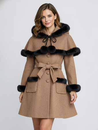 ラクダ色 フェイクファートリム、ベルト付きウール混紡コート（フード付きケープ付き、レディース）2025年モデル