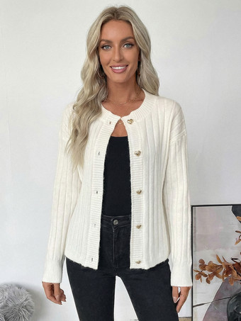 アイボリー ハートボタンリブニットカーディガン ラウンドネック 長袖 トップス レディース 2025