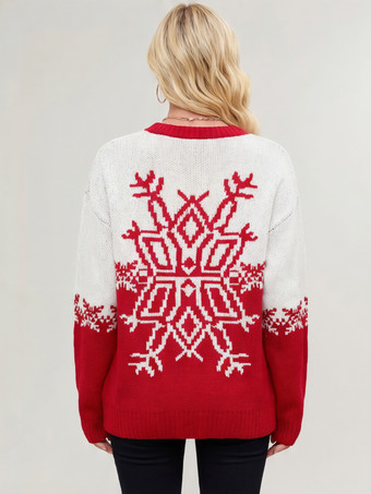スノーフレークプリントのクリスマスセーター（レッド＆ホワイト）レディースニットプルオーバー（2025年）