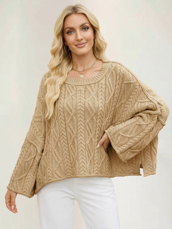 カーキ オーバーサイズケーブルニットドロップショルダーセーター（レディース）2025