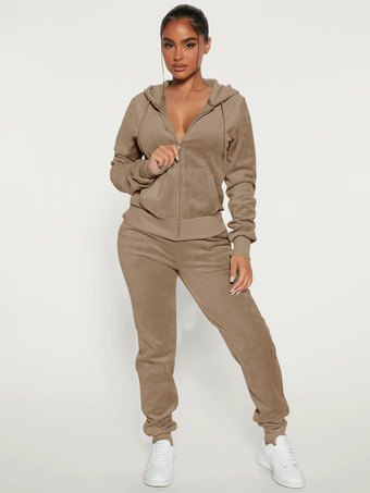 ライトブラウンベロア ジップアップ スリムフィット パーカー ジョガーセット レディース 2025