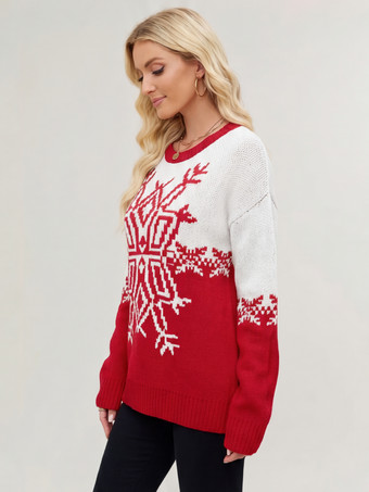 スノーフレークプリントのクリスマスセーター（レッド＆ホワイト）レディースニットプルオーバー（2025年）