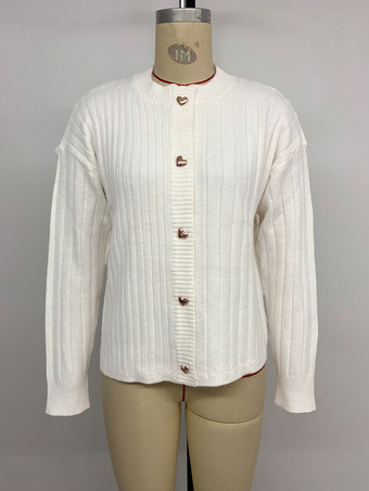 ハートボタンリブニットカーディガン ラウンドネック 長袖 トップス レディース 2025