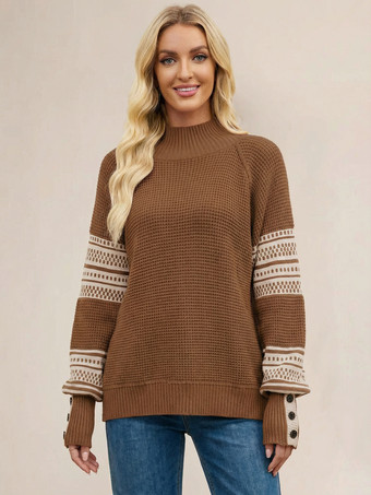 ブラウンモックネックニットセーター ストライププリント 袖ボタン レディース 2025