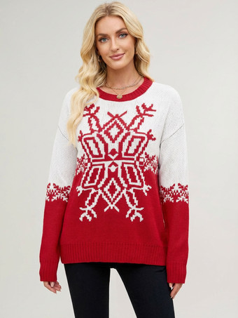 レッド スノーフレークプリントのクリスマスセーター（レッド＆ホワイト）レディースニットプルオーバー（2025年）