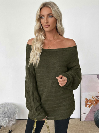 ハンターグリーン オフショルダー ルーズフィット 長袖 ニットセーター トップス レディース 2025
