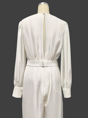 ブライダルジャンプスーツ サテン生地 フロアレングスジャンプスーツ Vネック 長袖 ナチュラルウエスト アイボリー