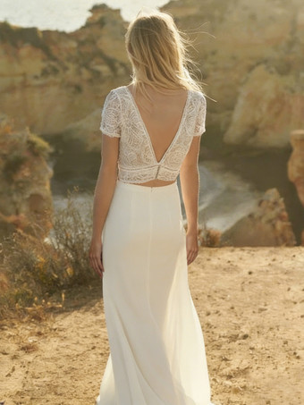 Vestido de novia de 3 piezas con encaje escote en V corte A largo hasta el suelo manga corta y largo