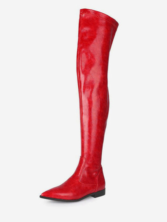 レディースサイハイブーツオレンジレッドPUレザーポインテッドトゥフラットヒールブーツ