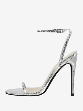 シルバー レディースヒールサンダル レッド オープントゥ クリスクロス スティレットヒール パーティーシューズ