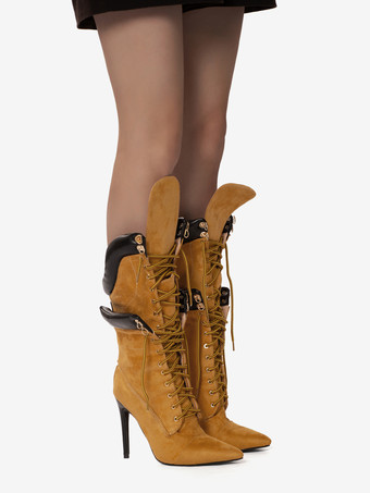 スエードミッドカーフブーツ レディース ポインテッドトゥ レースアップ ハイヒールブーツ