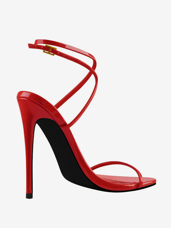 レディースヒールサンダル レッド オープントゥ クリスクロス スティレットヒール パーティーシューズ