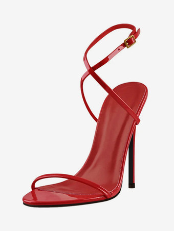 レッド レディースヒールサンダル レッド オープントゥ クリスクロス スティレットヒール パーティーシューズ
