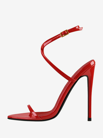 レディースヒールサンダル レッド オープントゥ クリスクロス スティレットヒール パーティーシューズ