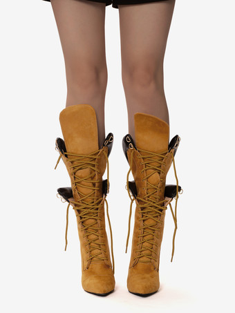 スエードミッドカーフブーツ レディース ポインテッドトゥ レースアップ ハイヒールブーツ