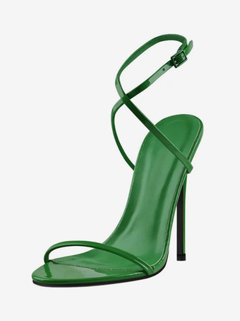 グリーン レディースヒールサンダル レッド オープントゥ クリスクロス スティレットヒール パーティーシューズ