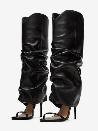 ブラックサンダルブーツ レディース オープントゥ ハイヒール ニーハイブーツ