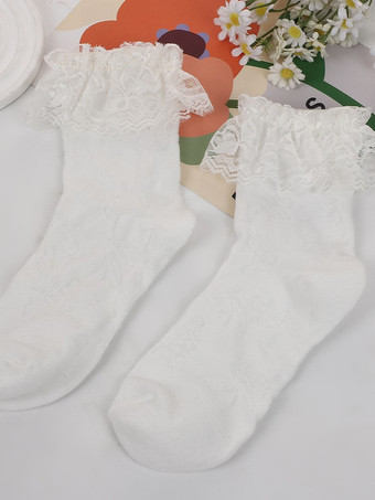 ロリィタ靴下　ホワイト　綿混紡　人気