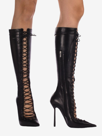 ブラックニーハイブーツ レディース ポインテッドトゥ カットアウト レースアップ ハイヒールブーツ