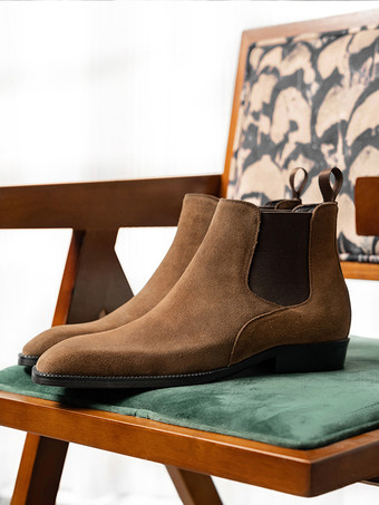 男性用グレースエードチェルシーブーツ レザーラウンドトゥアンクルブーツ