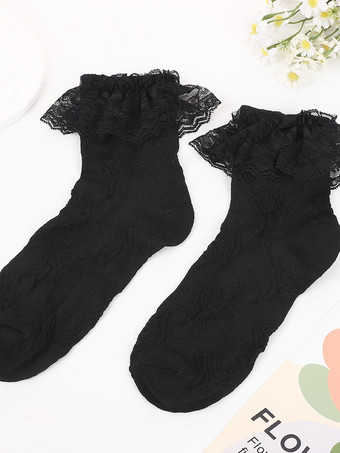 ブラック ロリィタ靴下　ホワイト　綿混紡　人気