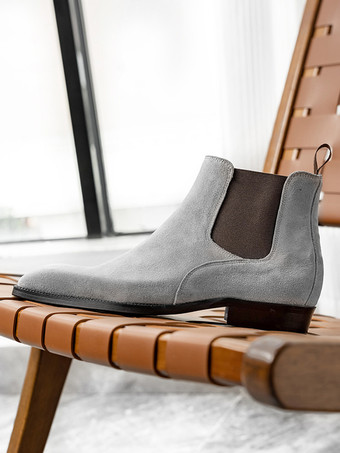 男性用グレースエードチェルシーブーツ レザーラウンドトゥアンクルブーツ