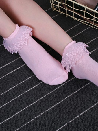 ピンクロリィタ靴下　ホワイト　綿混紡　人気