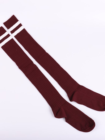 ワインレッド スウィートロリータストッキング2トーンストライプコットンニーハイソックス