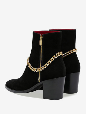 男性のハイヒールブーツチェルシーブーツブラックスエードレザーポインテッドトゥチェーンパーティープロムドレスブーツ