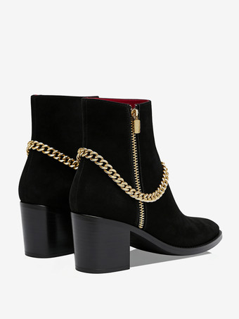 男性のハイヒールブーツチェルシーブーツブラックスエードレザーポインテッドトゥチェーンパーティープロムドレスブーツ