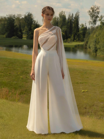 ブライダルジャンプスーツ チュール プリーツ フロアレングス ジャンプスーツ デザインネックライン ノースリーブ ナチュラルウエスト アイボリー