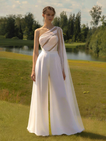 ホワイトブライダルジャンプスーツ チュール プリーツ フロアレングス ジャンプスーツ デザインネックライン ノースリーブ ナチュラルウエスト アイボリー