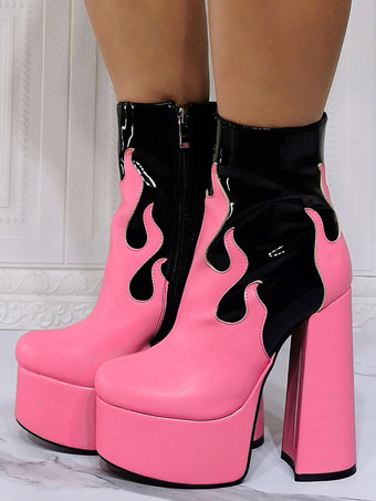 女性の炎ツートーン アンクル ブーツ プラットフォーム チャンキー ヒール