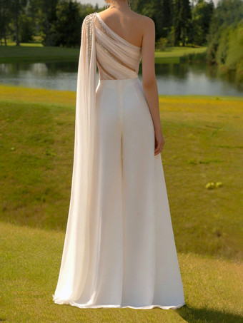 ブライダルジャンプスーツ チュール プリーツ フロアレングス ジャンプスーツ デザインネックライン ノースリーブ ナチュラルウエスト アイボリー