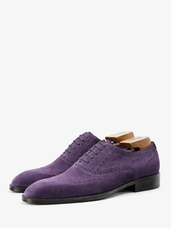 パープル メンズ スエード オックスフォードシューズ ラウンドトゥ レースアップ ブローグ ドレスシューズ