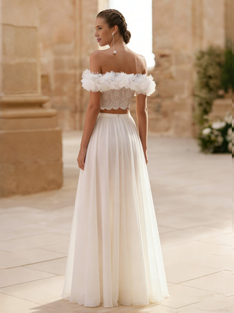 ツーピースウェディングドレス シフォンフラワー バトーネック ツーピース フロア丈 ジッパー ショートスリーブ フロア丈 ホワイト