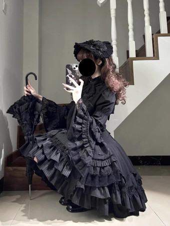 ゴシックロリータブラウス ブラック 長袖 ロリータトップス フリル レース ロリータシャツ