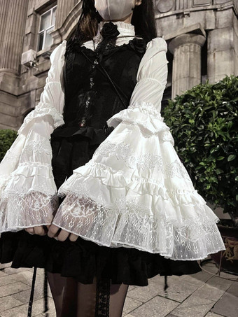 ゴシックロリータブラウス ブラック 長袖 ロリータトップス フリル レース ロリータシャツ