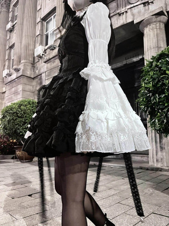 ゴシックロリータブラウス ブラック 長袖 ロリータトップス フリル レース ロリータシャツ