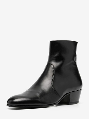 ブラック メンズ チェルシーブーツ ブラック 牛革 ポインテッドトゥ チャンキーヒール アンクルブーツ