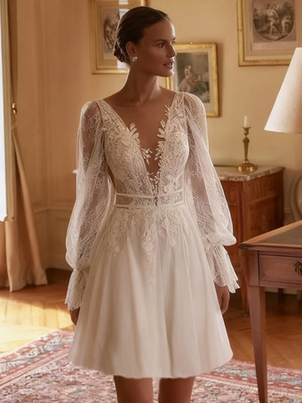 ショート丈ウェディングドレス Vネック 長袖 ショート丈 ショート丈 ブライダルドレス