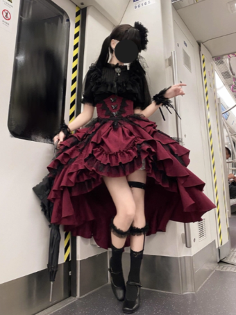 ゴシックロリータ衣装 黒 ティアード レース フリル ジャカード 装飾襟 ティーパーティー 半袖 ブラウス スカート