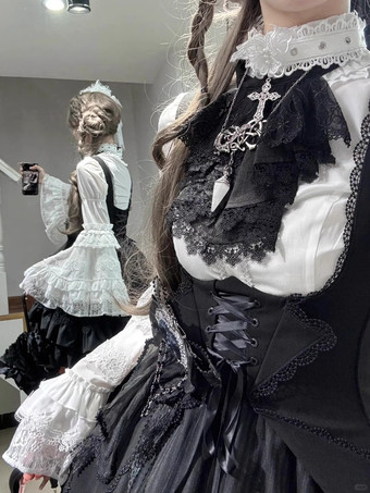 ゴシックロリータブラウス ブラック 長袖 ロリータトップス フリル レース ロリータシャツ