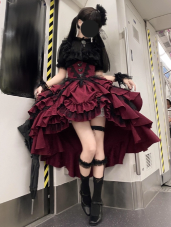 ゴシックロリータ衣装 黒 ティアード レース フリル ジャカード 装飾襟 ティーパーティー 半袖 ブラウス スカート