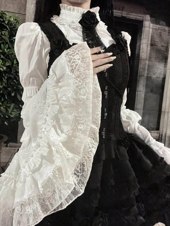 ゴシックロリータブラウス ブラック 長袖 ロリータトップス フリル レース ロリータシャツ