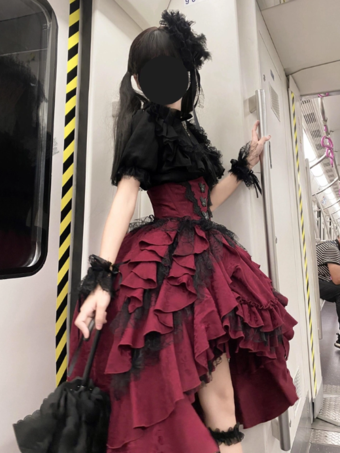 ゴシックロリータ衣装 黒 ティアード レース フリル ジャカード 装飾襟 ティーパーティー 半袖 ブラウス スカート