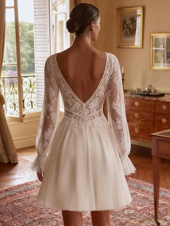 ショート丈ウェディングドレス Vネック 長袖 ショート丈 ショート丈 ブライダルドレス