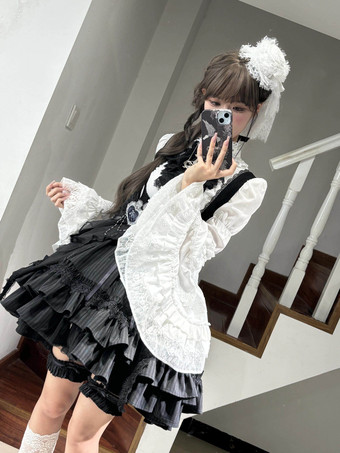 ゴシックロリータブラウス ブラック 長袖 ロリータトップス フリル レース ロリータシャツ